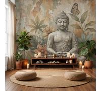 GLCWARM Papier Peint Panoramique Statue De Bouddha En Feuille De Bambou 200X140Cm | Statue Rétro Revêtement Mural Décoration Chambre Design Moderne Intissé Tapisserie Photo Pour Chambre Salon