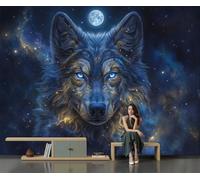 GLCWARM Papier Peint Panoramique Tête De Loup Étoilée Et Lunaire | Papier Peint Animaux Fantastiques 300X210Cm,Photo Décoration Murale, Papiers Peints Intissé Décoration Murale Salon Chambre