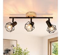 Glitzerlife LED Plafonnier Cuisine Industriel 3 Spot de Plafond Noir Bois | E14 Luminaires Intérieur Plafond Rétro Métal Éclairage de Plafond Vintage pour Chambre Couloir Salon Max. 25W (Sans Ampoules)