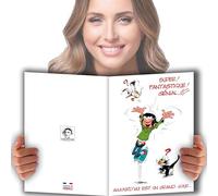 GLMX-2020 Gaston Lagaffe Maxi Grande Carte Joyeux ANNIVERSAIRE 1 an de plus Bravo Vin Pétillant Champagne Chat Jour de Fête Cadeau Groupé Adultes Signer Format A4 Géant Illustré + Enveloppe AFIE