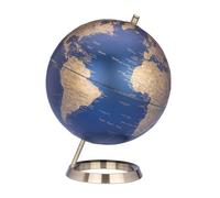 TROIKA Globe terrestre mat 23,5 degrés bleu foncé et surfaces de terre dorées Ø 25 mm véritable relief cartographie pied en métal chromé aspect brossé, fond en feutre doux