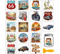 GLOBLELAND 18 feuille D'Autocollants à Friction Vintage Route 66 pour Loisirs Créatifs 3.9x3.6 cm ((3) pouces) Motos Autocollants UV DTF pour Gobelets Voitures de Sport Classiques Autocollants