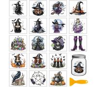 GLOBLELAND 18 Feuilles D'Autocollants de Transfert de Sorcière D'Halloween 3.9x3.6 pouces Décalcomanie de Transfert Magique Colorée à Frotter pour Décalcomanie de Tasse Vase en Verre D'Halloween