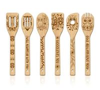 GLOBLELAND 6 Pièces Ustensiles de Cuisine en Bambou Hibou Cuillères de Cuisine Gravées en Bois Ensemble de Spatule en Bambou à Sculpture Cuillère de Cuisson en Bois pour Mère l'amie Femmes Cadeau