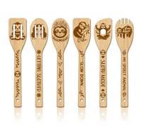 GLOBLELAND 6 pièces Ustensiles de Cuisine en Bambou Paresseux Cuillères de Cuisine Gravées en Bois Ensemble de Spatule en Bambou pour Mère l'amie Femmes Cadeau de Pendaison de Crémaillère