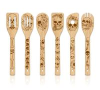 GLOBLELAND 6 Pièces Ustensiles de Cuisine en Bambou Squelette Ensemble de Cuillères de Cuisine Gravées en Bois Spatule en Bambou Cuillère de Cuisson en Bois pour Mère l'amie Femmes Cadeau