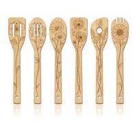 GLOBLELAND Lot de 6 ustensiles de cuisine en bois avec motif de fleurs en bambou gravé - Spatule de cuisine pour la cuisine - Cadeau amusant pour pendaison de crémaillère