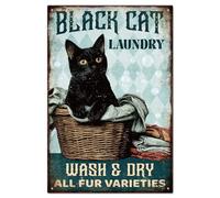 GLOBLELAND Panneau en Métal de Blanchisserie de Chat Noir "WASH & DRY ALL FUR VARIETIES" Peinture Vintage Sur Étain Panneau D'Art Mural Rétro pour la Maison L'Hôtel la Salle de Bain de Blanchisserie
