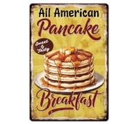 GLOBLELAND Plaque en Métal "All American Pancake Breakfast" en Forme de Gaufres et Crêpes Style Vintage 12x8pouces Style Rétro pour Décoration de Maison Cuisine Bar Hôtel Restaurant Pâtisserie