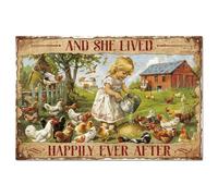 GLOBLELAND Plaque en Métal de Ferme Feed The Chicken Lady Panneau en Étain en Métal Vintage 12 × 8 pouces "And She Lived Happily Ever After" Drôle de Décoration Murale en Étain pour Ferme Jardin