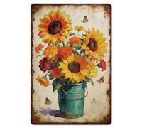 GLOBLELAND Plaque Murale Vintage en Métal avec Seau de Tournesol 12x8pouce Motif Fleurs Printanières Peinture Rétro Papillon pour la Maison le Jardin la Terrasse la Véranda