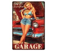 GLOBLELAND Réparation de Voiture Rétro Dame Enseigne en Métal "Garage" Panneaux en Étain Peint Vintage de Plaque D'Art Mural Rétro pour la Maison du Bureau du Bar Club et du Garage