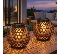 Lampe solaire boule aspect rouille solaire jardin effet feu extérieur lampe solaire corde de chanvre, à suspendre/à poser, LED blanc chaud, DxH 20x36, lot de 2