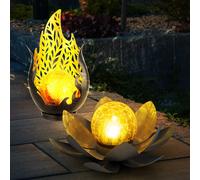 Lampe solaire flamme design extérieur fleur solaire extérieur fleur de lotus solaire verre craquelé, gris, ampoule LED, 1x fleur de lotus 1x flamme design, lot de 2