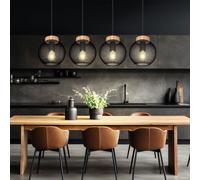 Globo Suspension 4 Lampes Boules Gitter Noir Nature Bois Métal