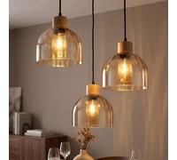 Globo Suspension LED 3 Lampes Noir Mat Verre Bois Hauteur 130 cm