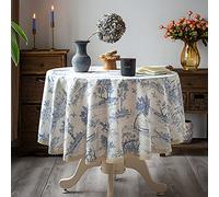 Glory Season Nappe Rustique Ronde en Tissu de Lin imprimé Village français Classique pour décoration de Ferme, 152,4 cm, Bleu