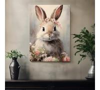 GLWDME 1 pièce 60x80cm Vintage Lapin Rustique avec Couronne Rose, Tableau sur Toile Set, Impressions sur Toile et Affiches, Images Murales pour Salon, Chambre(sans cadre, juste l'affiche)