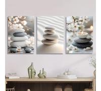 GLWDME Lot de 3 peintures sur toile Zen Art, pierre et fleurs sur fond gris pour salon, chambre à coucher, salle à manger, bureau (avec cadre intérieur) 30 x 40 cm