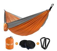 Glymnis Hamac Ultra-léger en Nylon 300kg Capacité de Charge 300x200cm avec 2 x Sangles en Nylon et 2 x Mousquetons pour Camping Voyage Exterieur Jardin(Orange - Gris)