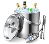 GMGXX Bac à glaçons en acier inoxydable, 3,2 l, avec design à double paroi, seau à glace avec couvercle, pelle à glace et pinces, refroidisseur portable pour refroidir la bière, le champagne, le vin