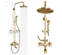 Gmusre Ensemble de robinet de douche en laiton antique - Pomme de douche à effet pluie de 20,3 cm avec douchette à poignée, bec cascade et douche extérieure murale avec étagère