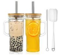 Gobelet 24 oz Verre avec Poignée, Couvercle Bambou & Paille