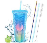 Gobelet à café froid en plastique à double paroi avec couvercles, 2 pailles et brosse de nettoyage, pour eau, café glacé, 710 ml, bleu
