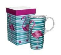 Gobelet de voyage en céramique 43,2 ml. Tasse à café avec coffret cadeau et couvercle, flamant rose rayé