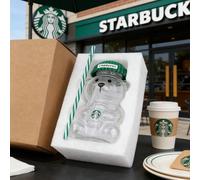 Gobelet en verre transparent Starbucks Bearista Bear 591 ml (20 oz) avec couvercle vert et paille pour eau froide, café glacé, café à domicile, cadeau Starbucks glass