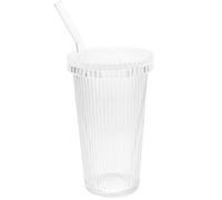 Gobelet et Paille en Verre à Rayures Verticales avec Couvercle | Capacité 300 à 500ml, Design Simple et Transparent, Usage Maison ou Bureau, pour Boissons