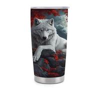 Gobelet isotherme de voyage en acier inoxydable Mystical White Wolf à motif feuille d'érable rouvoyage (590 ml) avec poignée et paille, couvercle étanche, design tendance pour boissons chaudes et fro