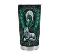 Gobelet isotherme Dragon Wolf Moon Art de 590 ml (20 oz) en acier inoxydable avec poignée et paille, tasse de voyage à café isolée sous vide avec couvercle étanche, pour boissons chaudes et froides