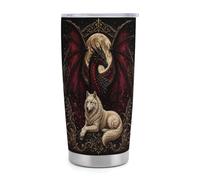 Gobelet isotherme Dragon Wolf MoonArt de 590 ml (20 oz) en acier inoxydable avec poignée et paille, tasse de voyage à café isolée sous vide avec couvercle étanche, pour boissons chaudes et froides