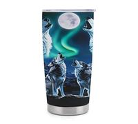 Gobelet isotherme Moon Wolf de 590 ml (20 oz) en acier inoxydable avec poignée et paille, tasse de voyage à café isolée sous vide avec couvercle étanche, design élé pour boissons chaudes et froides