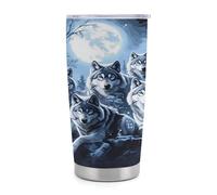 Gobelet isotherme Moonlit Wolf de 590 ml (20 oz) en acier inoxydable avec poignée et paille, tasse de voyage à café isolée sous vide avec couvercle étanche, design élé pour boissons chaudes et froide
