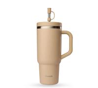 Qwetch Gobelet isotherme 900 ml – Beige – Paille & anse, inox recyclé, 48h glacé/12h froid