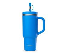 Qwetch Gobelet isotherme Travel Cup 900 ml – Inox recyclé, avec paille et anse, Bleu