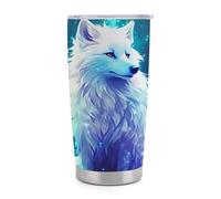 Gobelet isotherme White Wolf de 590 ml (20 oz) en acier inoxydable avec poignée et paille, tasse de voyage à café isolée sous vide avec couvercle étanche, design élé pour boissons chaudes et froides