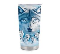 Gobelet isotherme Wolf de 590 ml (20 oz) en acier inoxydable avec poignée et paille, tasse de voyage à café isolée sous vide avec couvercle étanche, design élé pour boissons chaudes et froides