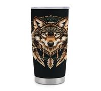 Gobelet isotherme Wolf de 590 ml (20 oz) en acier inoxydable avec poignée et paille, tasse de voyage à café isolée sous vide avec couvercle étanche, design élé pour boissons chaudes et froides