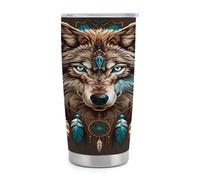 Gobelet isotherme Wolf de 590 ml (20 oz) en acier inoxydable avec poignée et paille, tasse de voyage à café isolée sous vide avec couvercle étanche, design élé pour boissons chaudes et froides