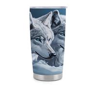 Gobelet isotherme Wolf de 590 ml (20 oz) en acier inoxydable avec poignée et paille, tasse de voyage à café isolée sous vide avec couvercle étanche, design élé pour boissons chaudes et froides