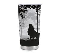Gobelet isotherme Wolf Howling de 590 ml (20 oz) en acier inoxydable avec poignée et paille, tasse de voyage à café isolée sous vide avec couvercle étanche, design tendance pour boissons chaudes et f