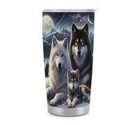Gobelet isotherme Wolf Mountain Moon de 590 ml (20 oz) en acier inoxydable avec poignée et paille, tasse de voyage à café isolée sous vide avec couvercle étanche, design élé pour boissons chaudes et