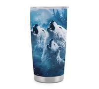 Gobelet isotherme Wolf Pack de 590 ml (20 oz) en acier inoxydable avec poignée et paille, tasse de voyage à café isolée sous vide avec couvercle étanche, design élé pour boissons chaudes et froides