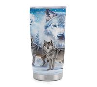 Gobelet isotherme Wolf Pack de 590 ml (20 oz) en acier inoxydable avec poignée et paille, tasse de voyage à café isolée sous vide avec couvercle étanche, design élé pour boissons chaudes et froides