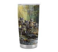 Gobelet isotherme Wolf Pack de 590 ml (20 oz) en acier inoxydable avec poignée et paille, tasse de voyage à café isolée sous vide avec couvercle étanche, design élé pour boissons chaudes et froides