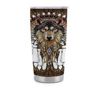 Gobelet isotherme Wolf Totem de 590 ml (20 oz) en acier inoxydable avec poignée et paille, tasse de voyage à café isolée sous vide avec couvercle étanche, design tendance pour boissons chaudes et fro