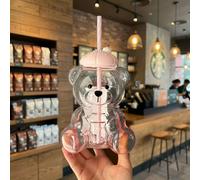 Gobelet Starbucks en verre de 660 ml en forme d'ours mignon, avec couvercle en silicone pour desserts sucrés et paille rose, tasse à boisson transparente pour usage quotidien Pink
